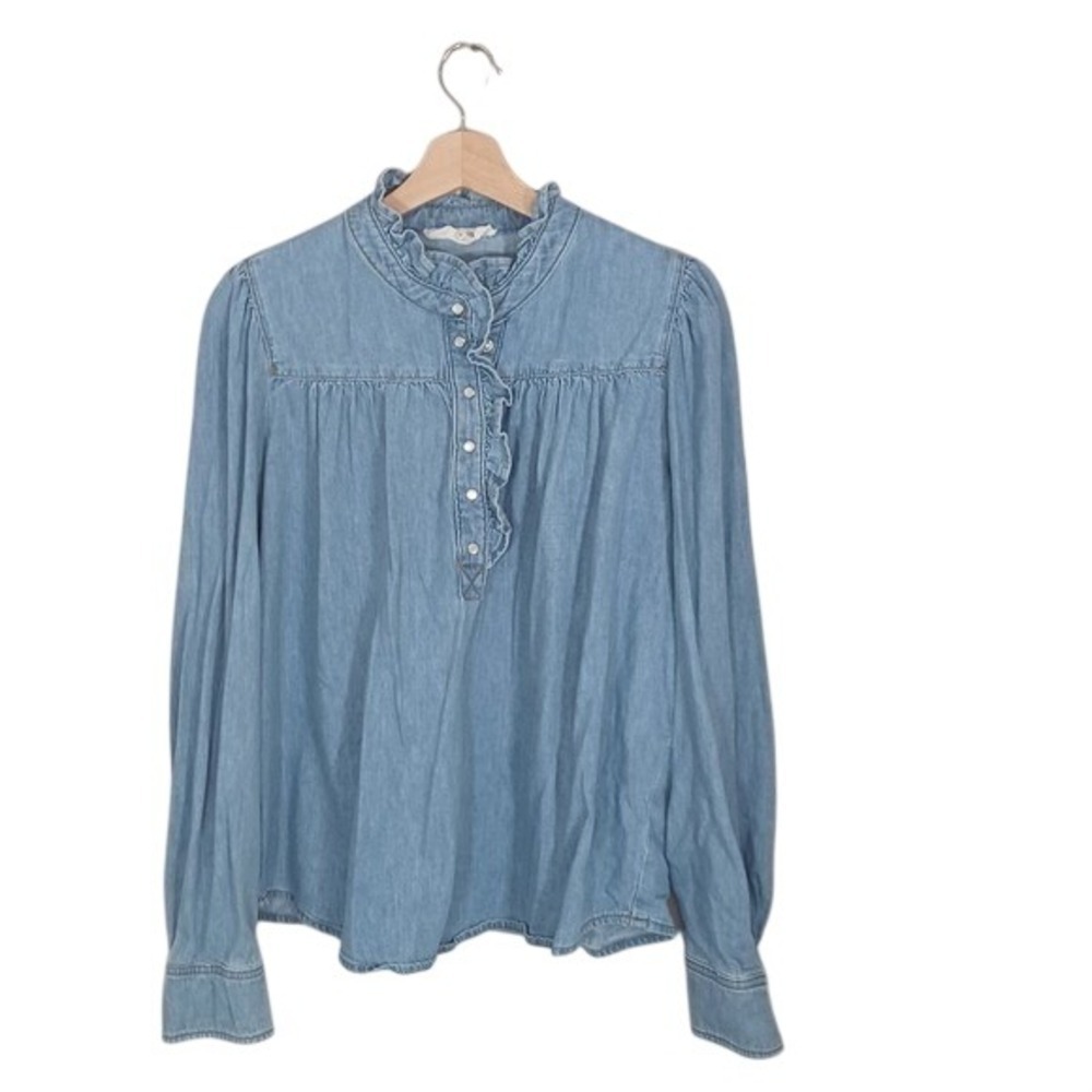ba&sh Chambray Ruffle Blouse Pearl Snap Western Shirt Size 3 Large